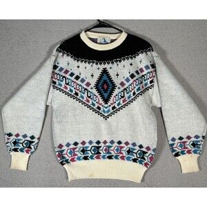 Mount Cervin Knit Sweater‎ Size L Wool Blend Pink & Blue Aztec Fair Isle 80s